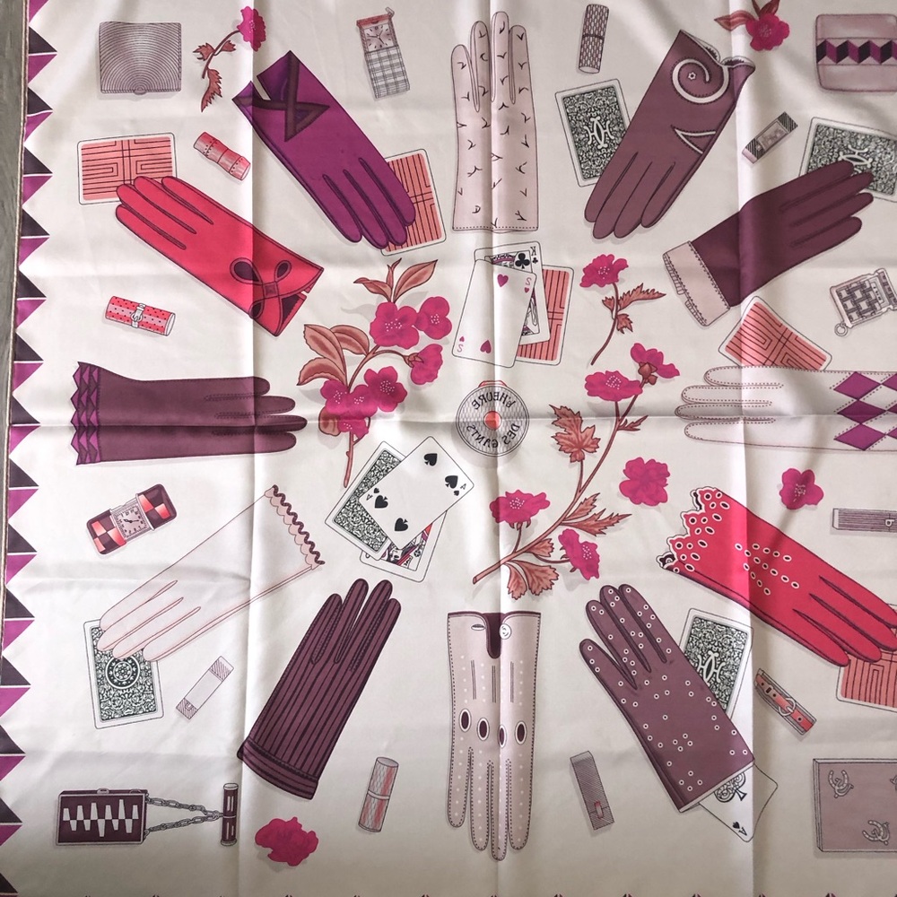 Silk Scarf with Glove & Card Motif in Pinks and Plum NWOT reversible 90cmx90cm